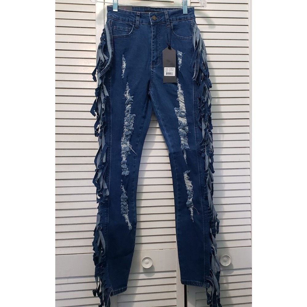 Purple Candy Fringe Jeans Womens Juniors Size Small Heavy‎ Distressed Blue Denim